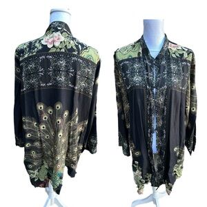 Citron Santa Monica Floral Peacock Bird Print Silk Kimono Size 2X